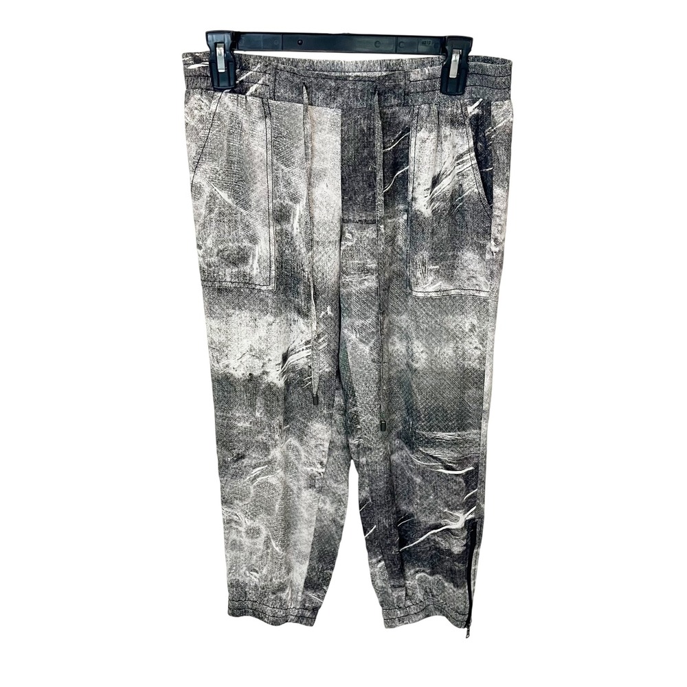 Go by Go Silk Washable Silk Jogger Pants Gray Abstract Print Ankle Zip Sz Small